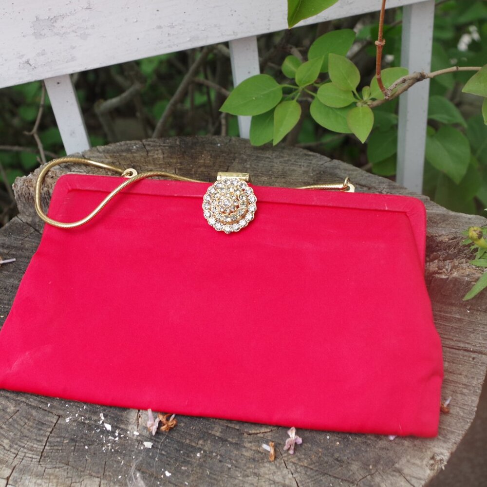 Ingber Red Silk Evening Purse With Beautiful Rhinestone Clasp  Handle 40s